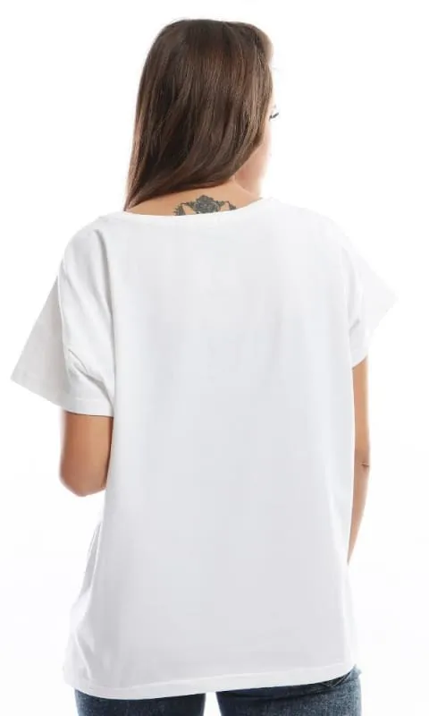 47107 Casual White Tee With Glittery Pink Pocket