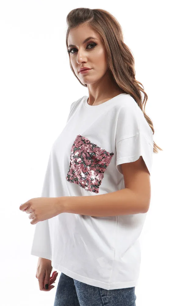 47107 Casual White Tee With Glittery Pink Pocket