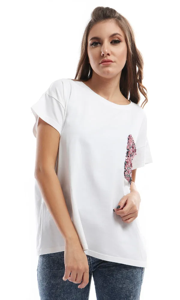 47107 Casual White Tee With Glittery Pink Pocket