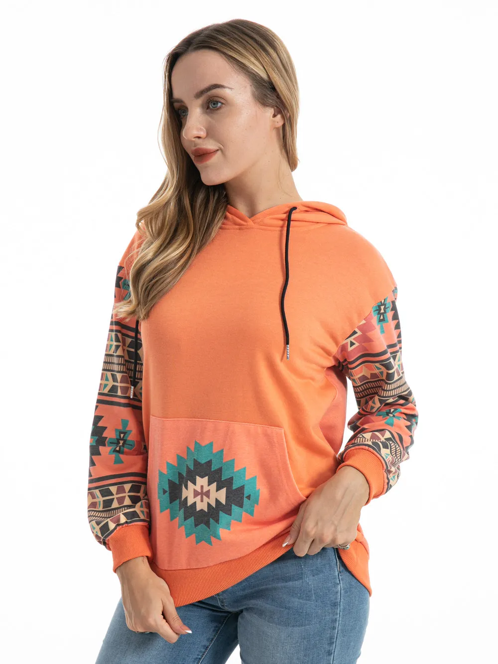 American Bling Orange Aztec Graphic Drawstring Hoodie