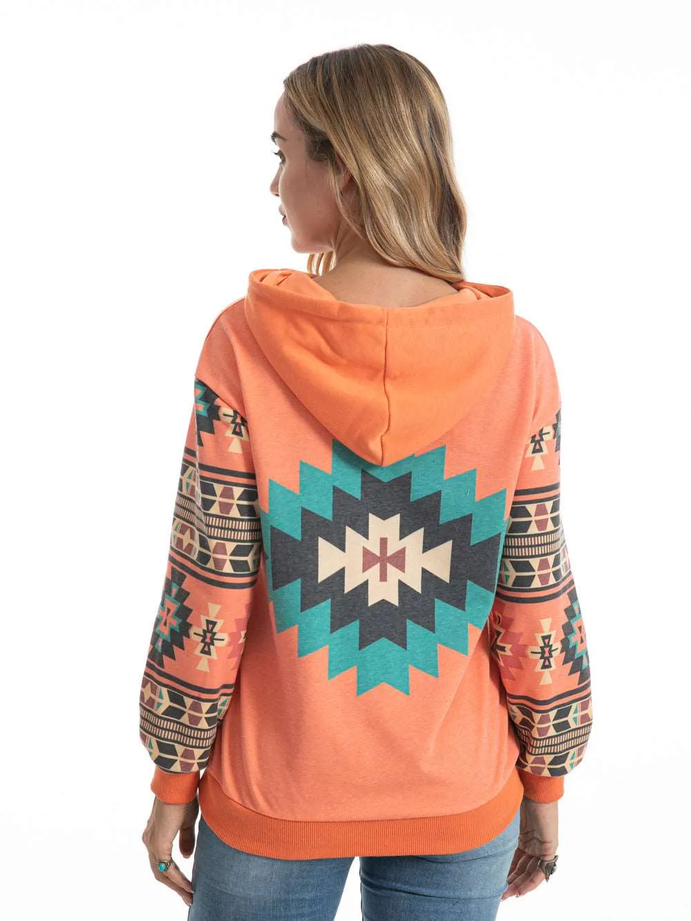 American Bling Orange Aztec Graphic Drawstring Hoodie