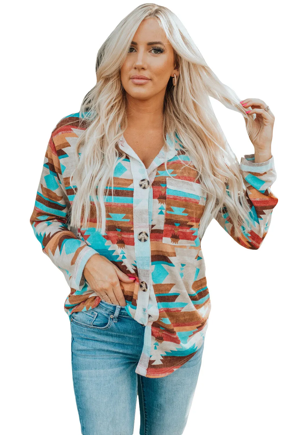 Aztec Buttoned Pocket Chest Shirt Shacket