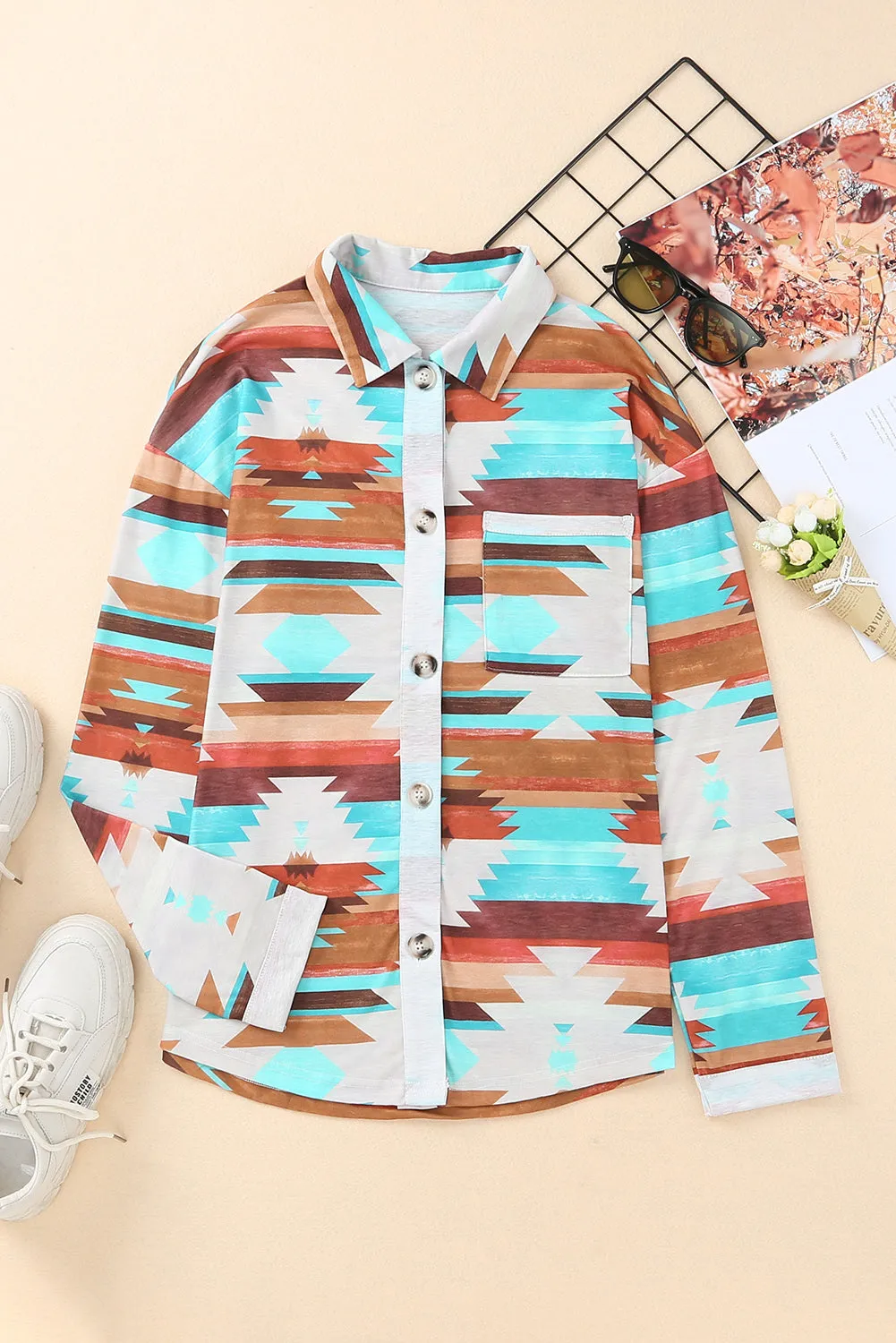 Aztec Buttoned Pocket Chest Shirt Shacket