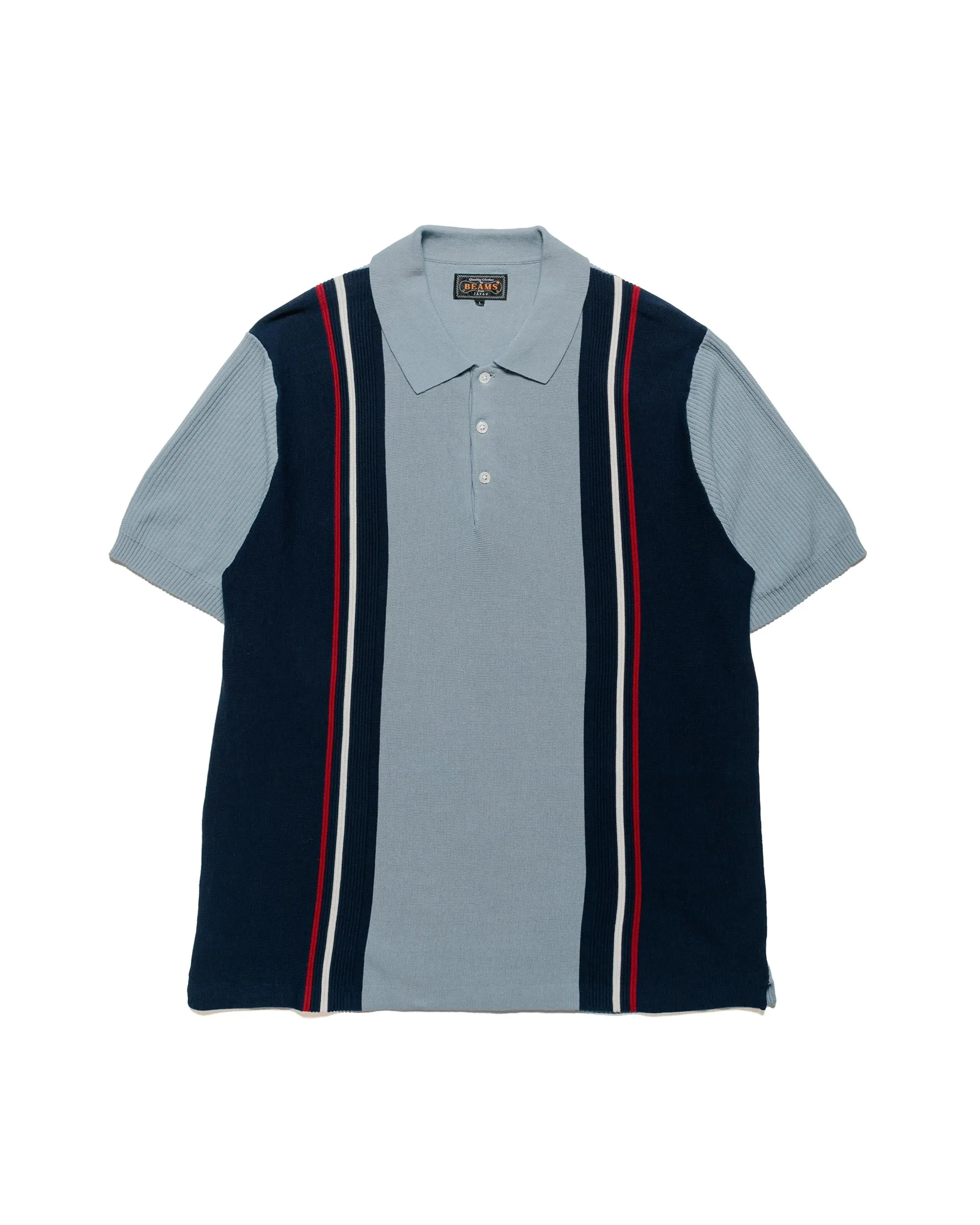 Beams Plus Knit Polo Stripe Sax