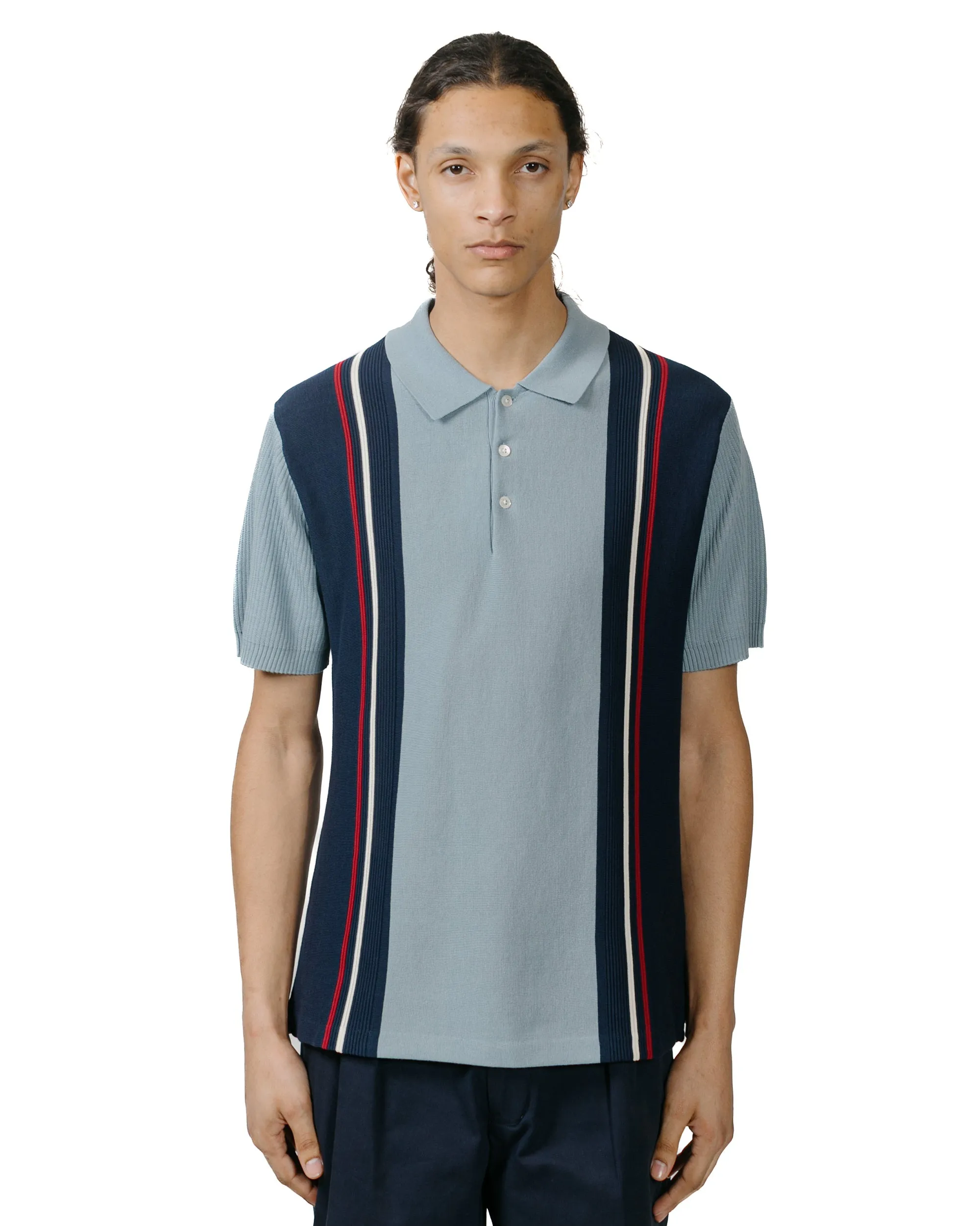 Beams Plus Knit Polo Stripe Sax