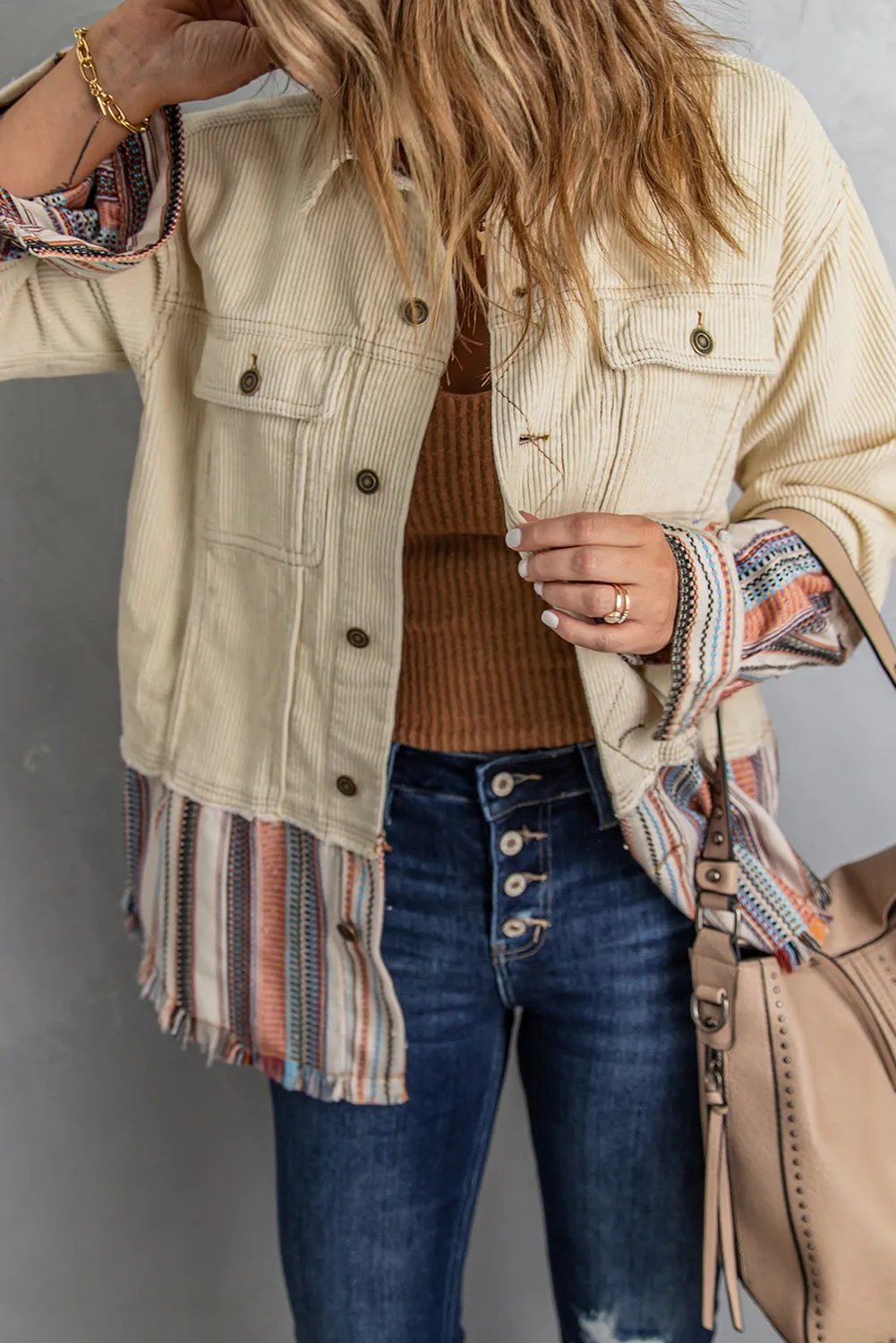 Beige Color Block Corduroy Jacket