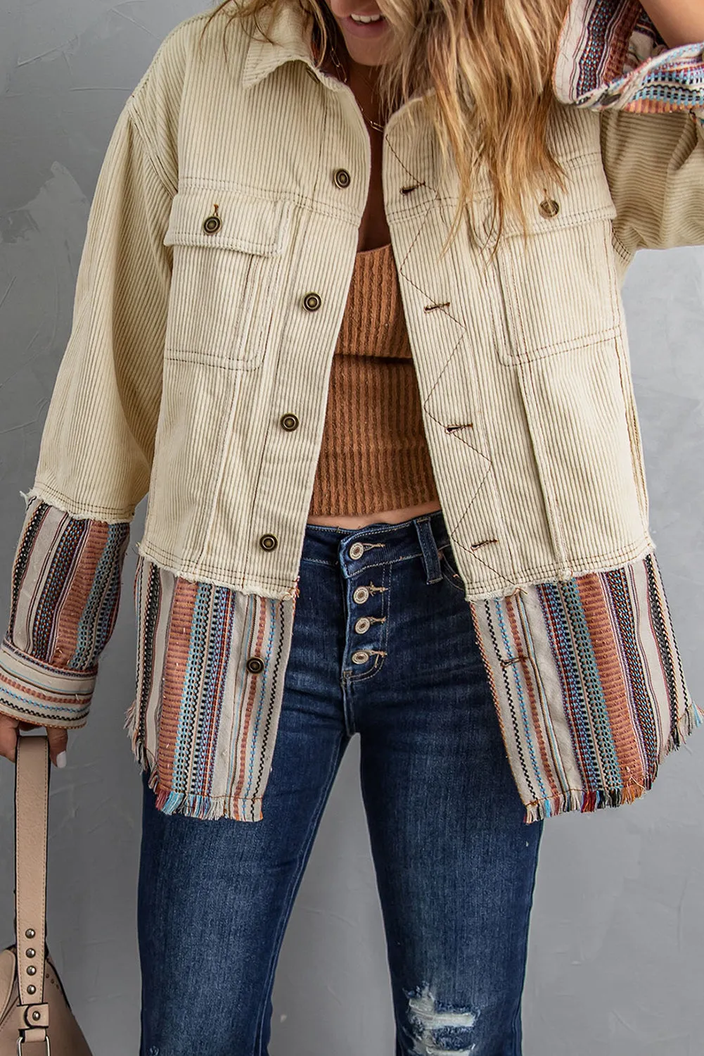 Beige Color Block Corduroy Jacket