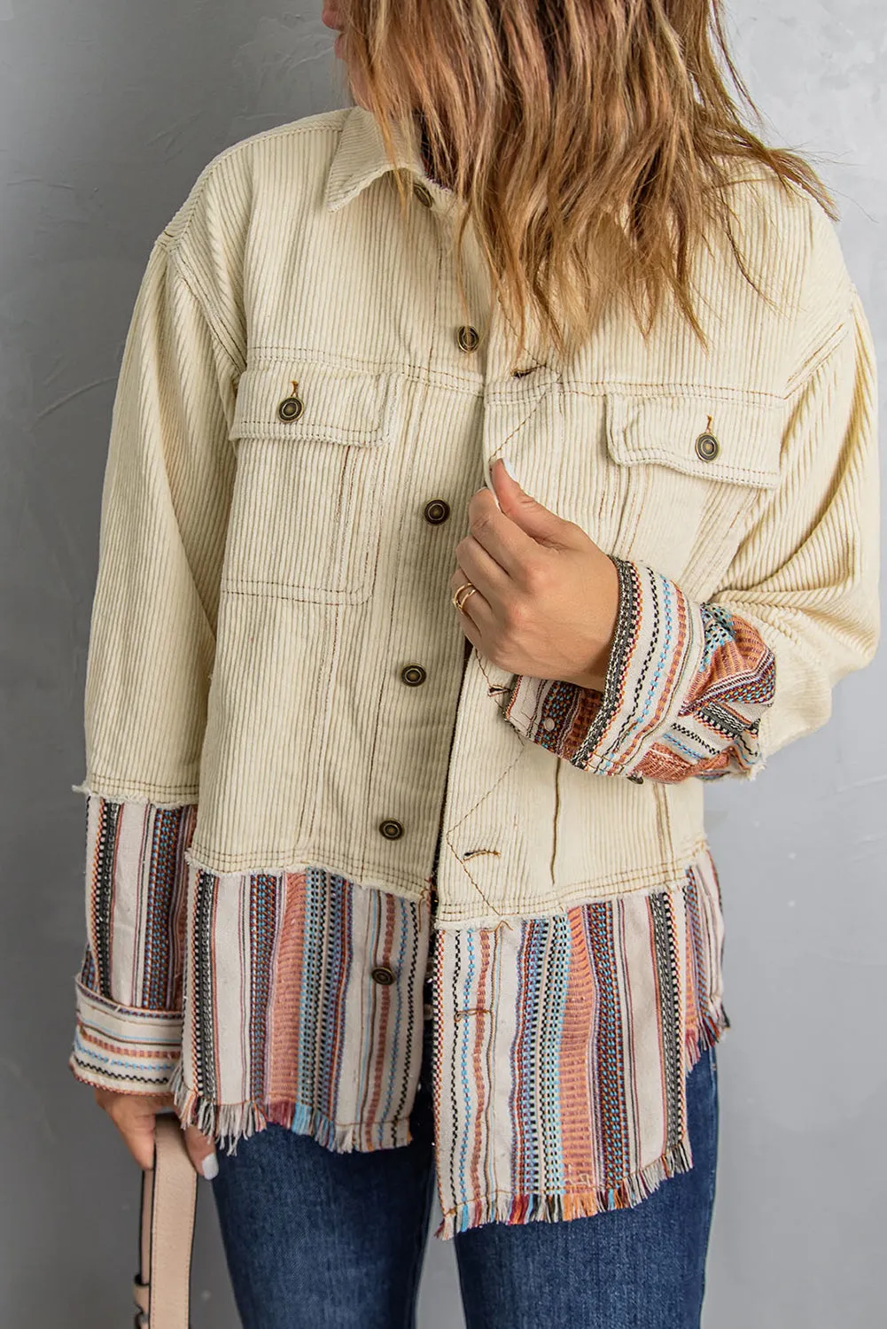 Beige Color Block Corduroy Jacket