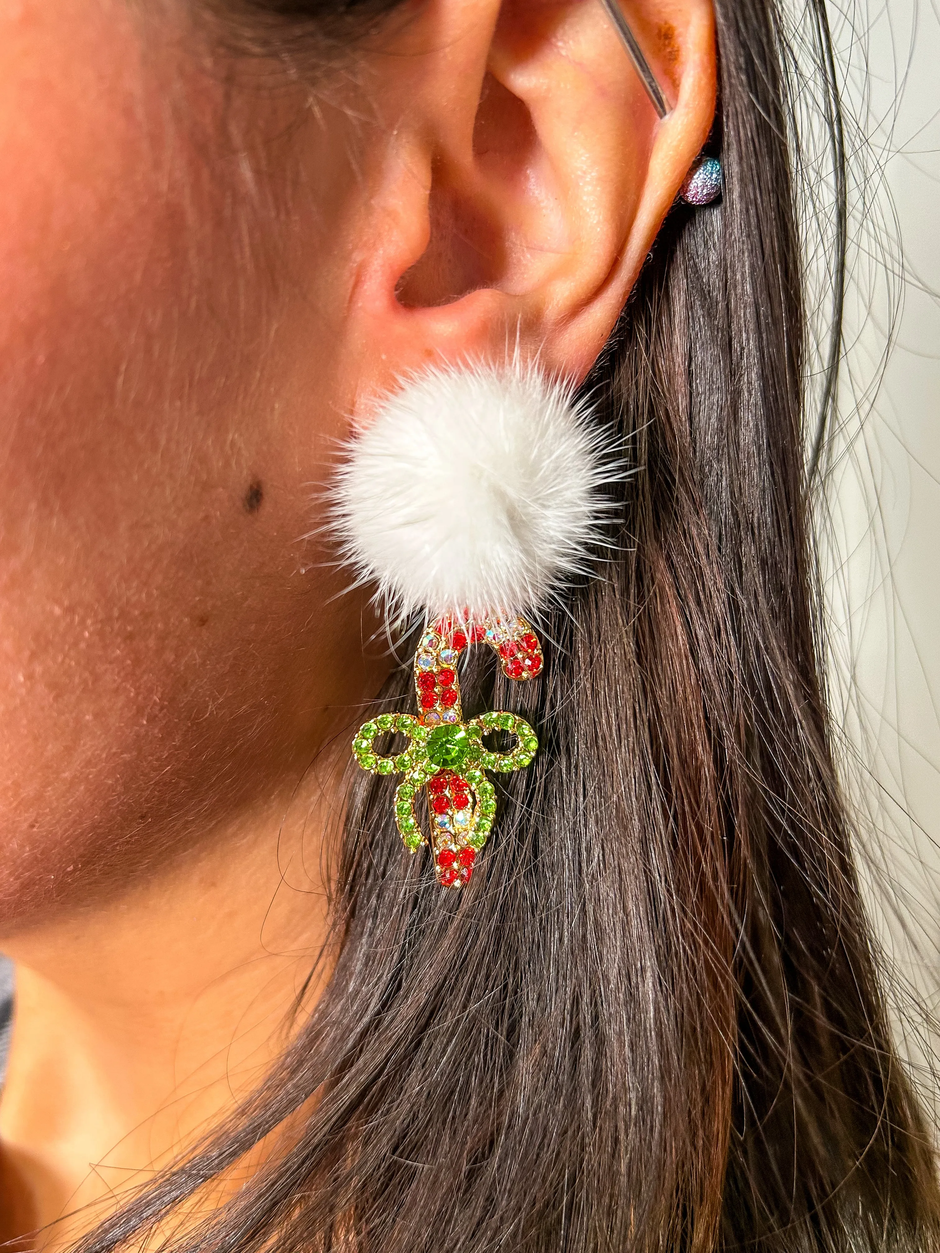 Betty Lou Furry Candy Cane Earrings - Red Mix