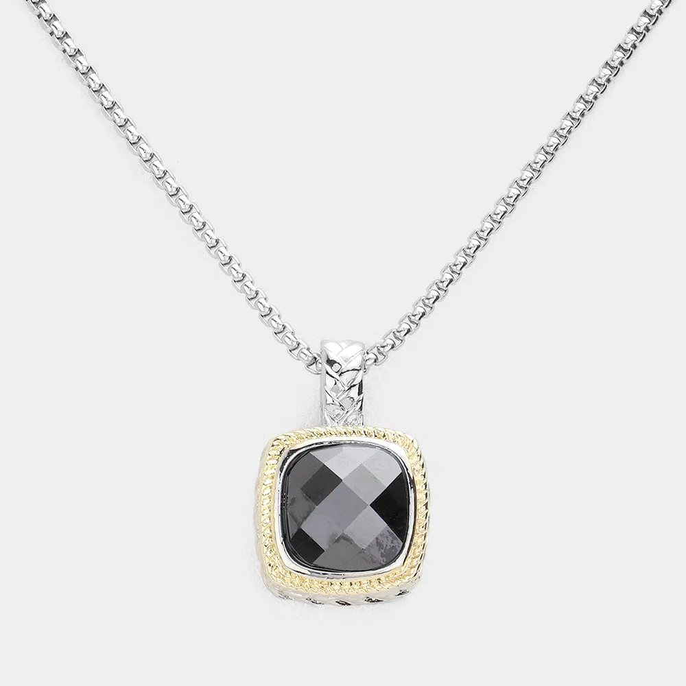 Black Square CZ Bezel Pendant Necklace-M H W ACCESSORIES