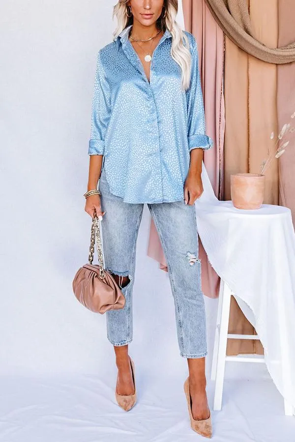 Blue Moon Satin Embossed Button Down Blouse