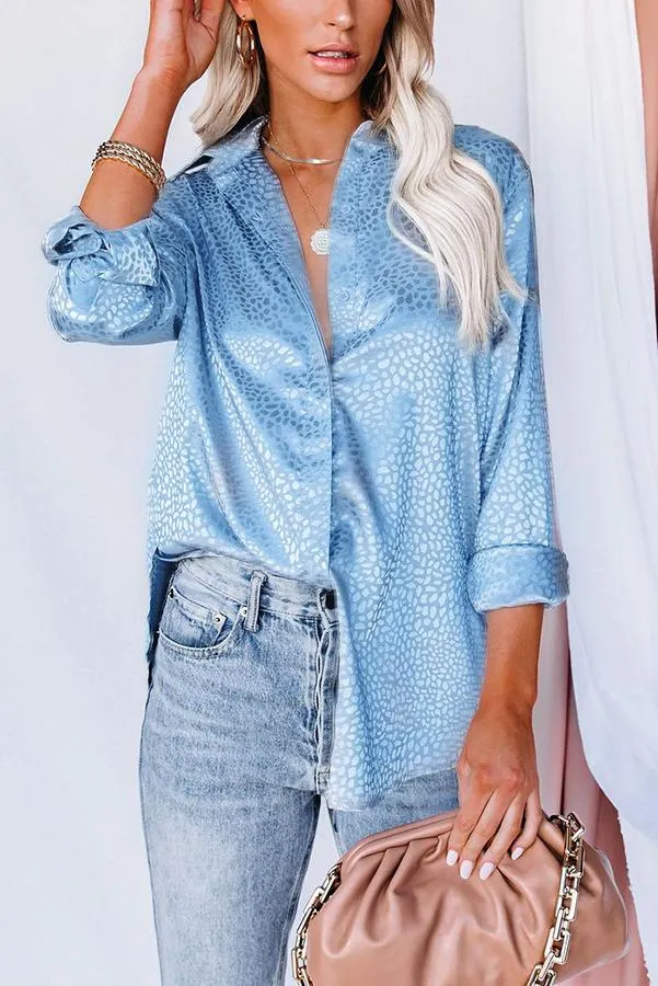 Blue Moon Satin Embossed Button Down Blouse