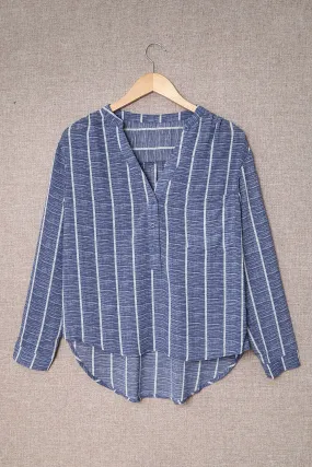 Blue Striped V Neck Pocket Long Sleeve Tops