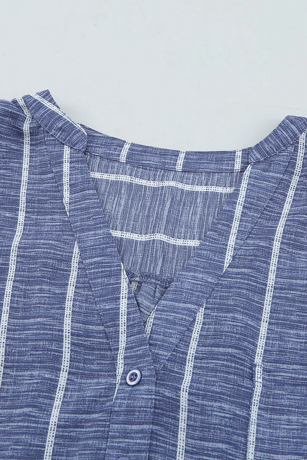 Blue Striped V Neck Pocket Long Sleeve Tops