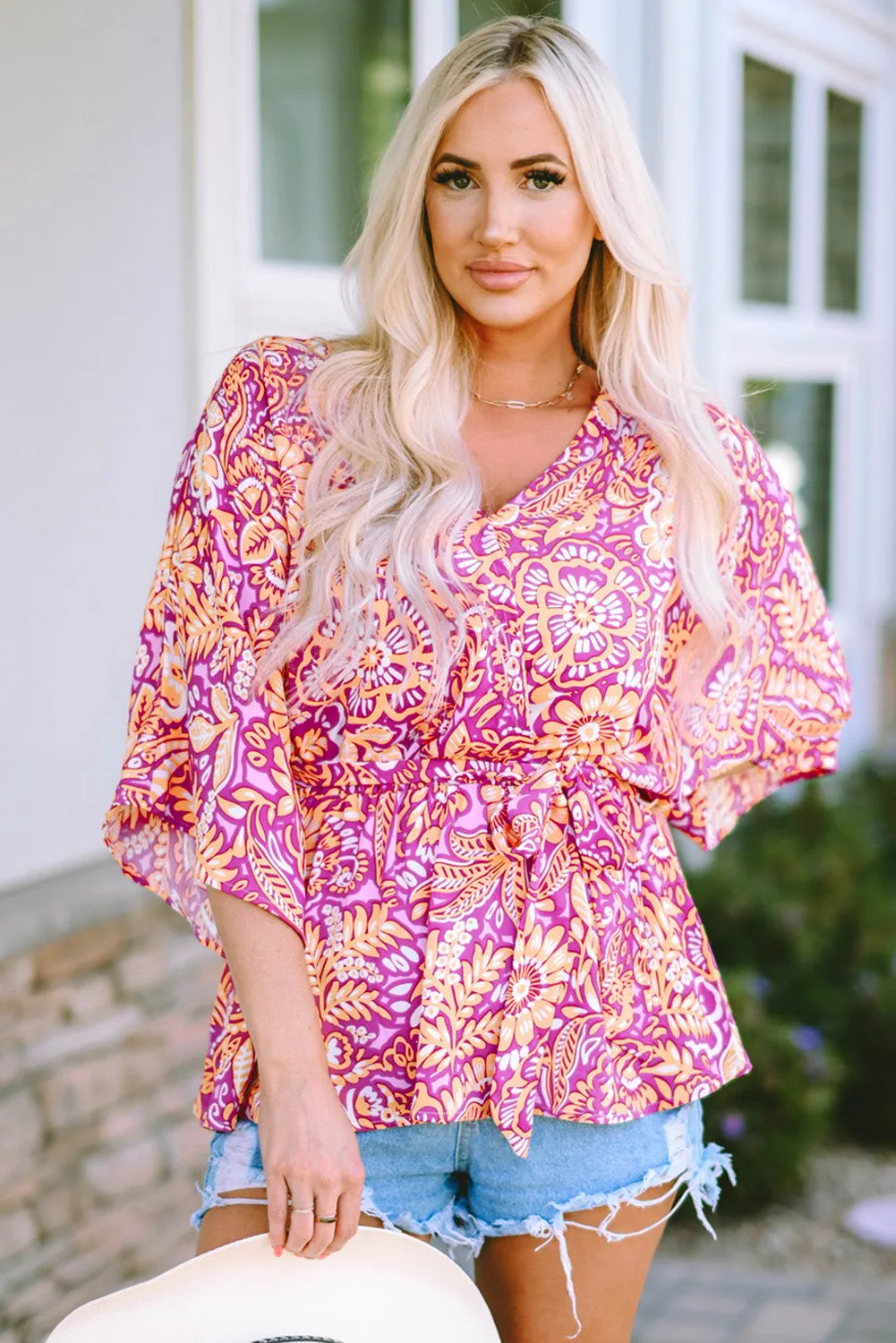 Boho Floral Belted Blouse