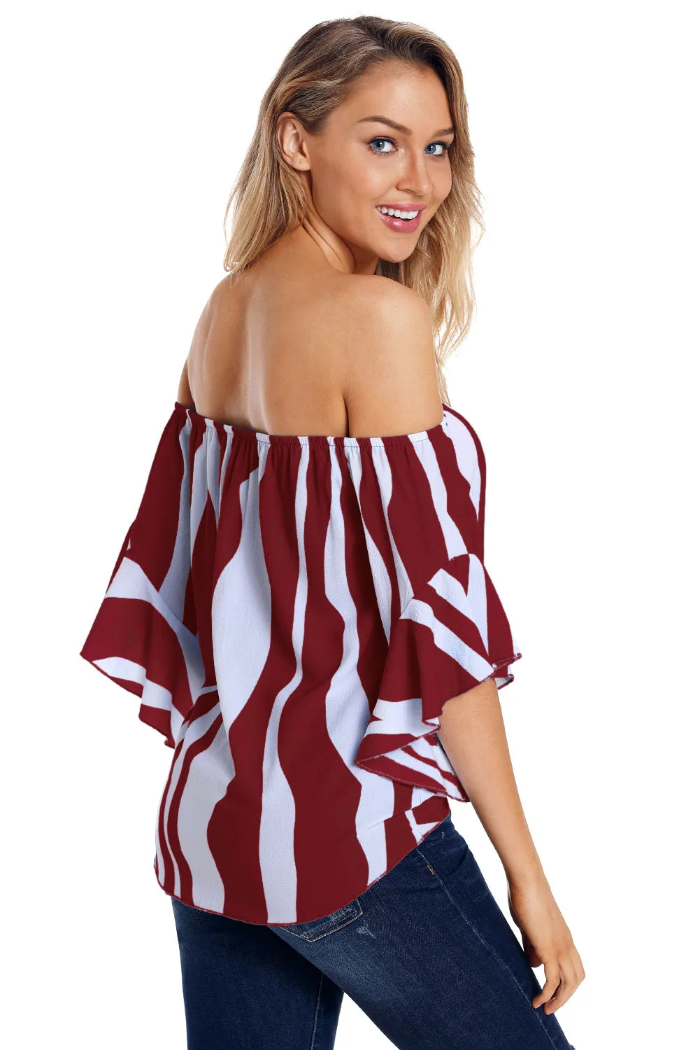 Burgundy Off The Shoulder Vertical Stripes Blouse