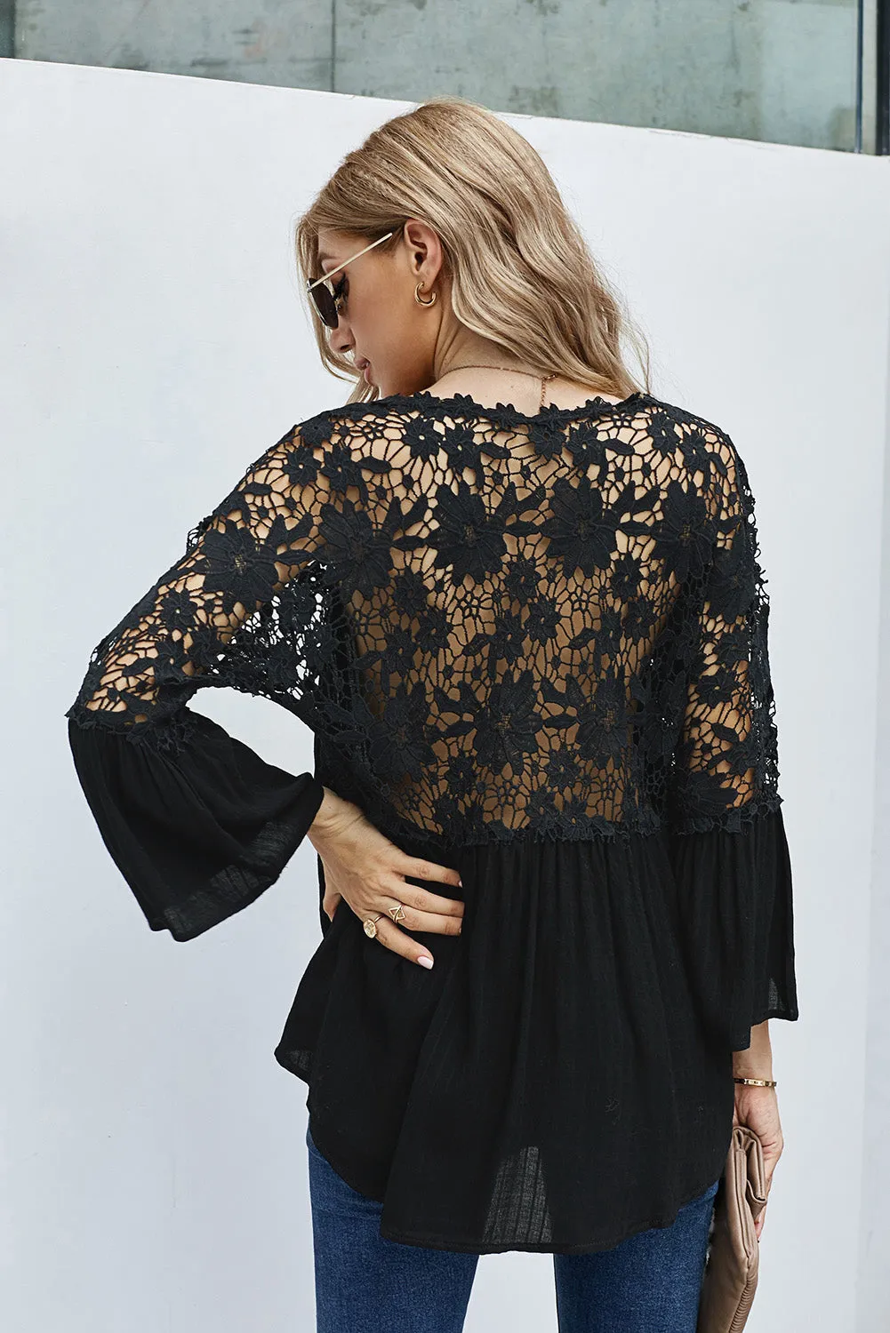 Button Long Sleeve Black Crochet Lace Blouse Top