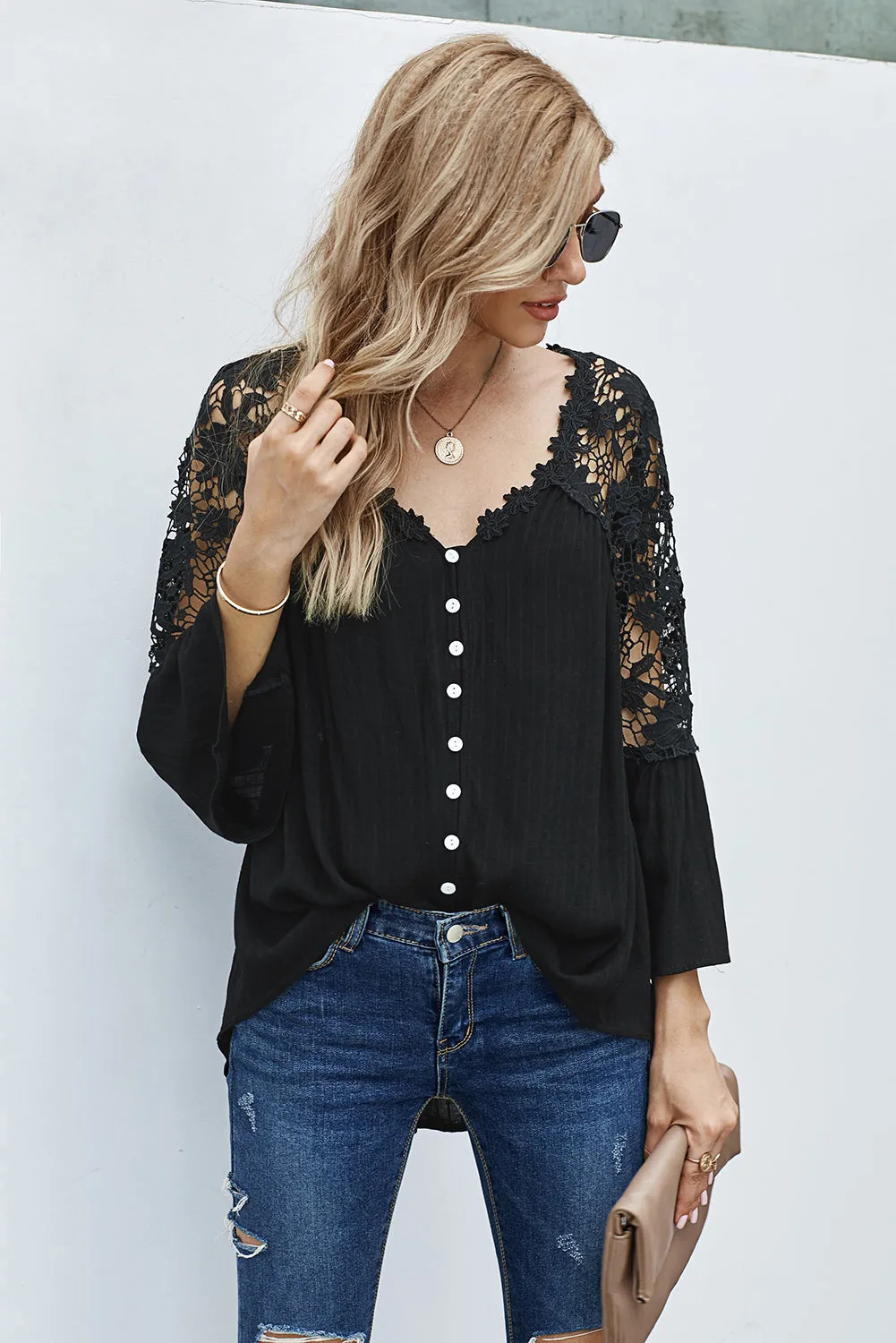 Button Long Sleeve Black Crochet Lace Blouse Top