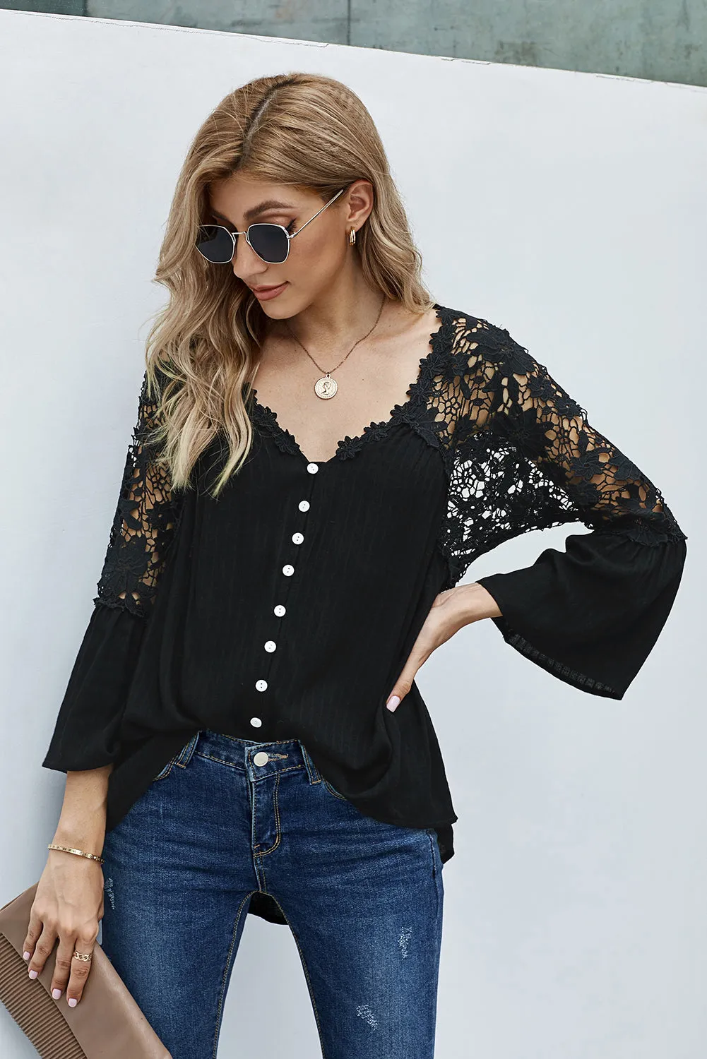 Button Long Sleeve Black Crochet Lace Blouse Top