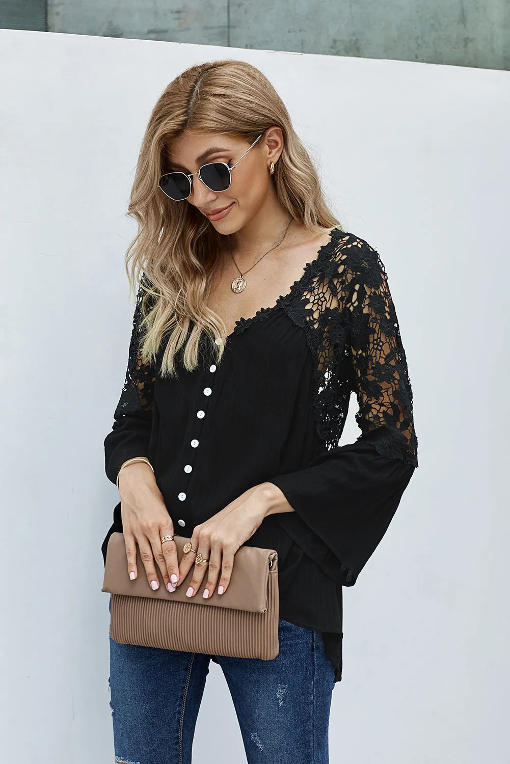 Button Long Sleeve Black Crochet Lace Blouse Top