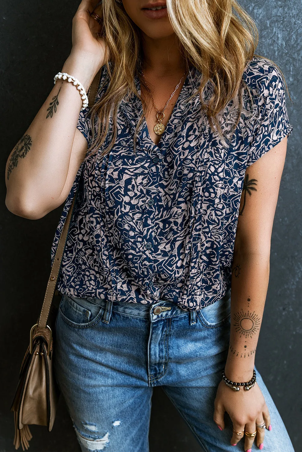 Buttoned V Neck Short Sleeve Blouse