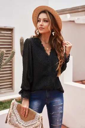 Chic Black Elegant Long Sleeve V-Neck Swiss Dot Lace Blouse