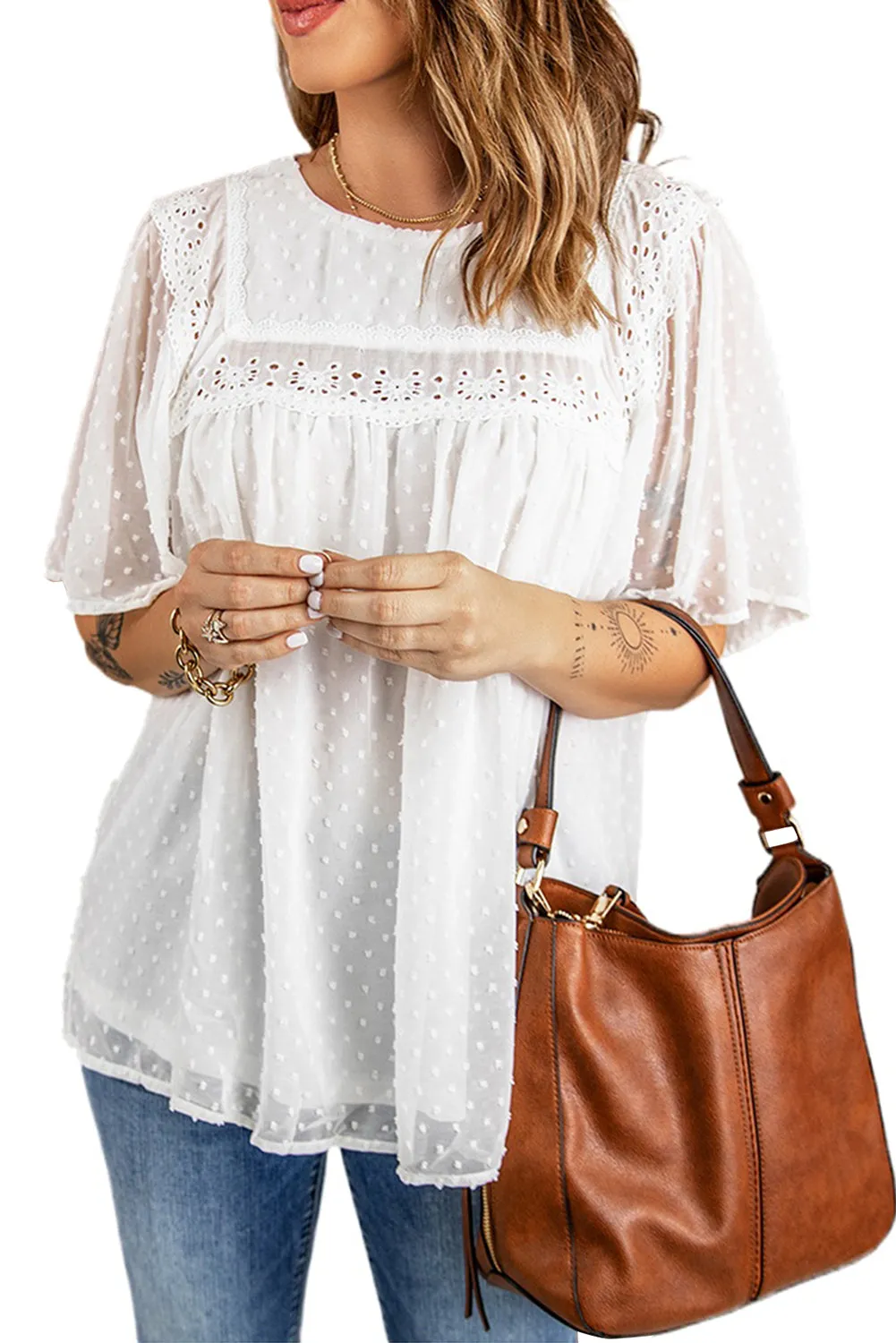 Chic White Flutter Sleeves Sheer Textured Babydoll Top