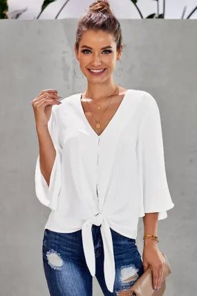 Chic White V Neck Flare Sleeve Button Tie Blouse Top