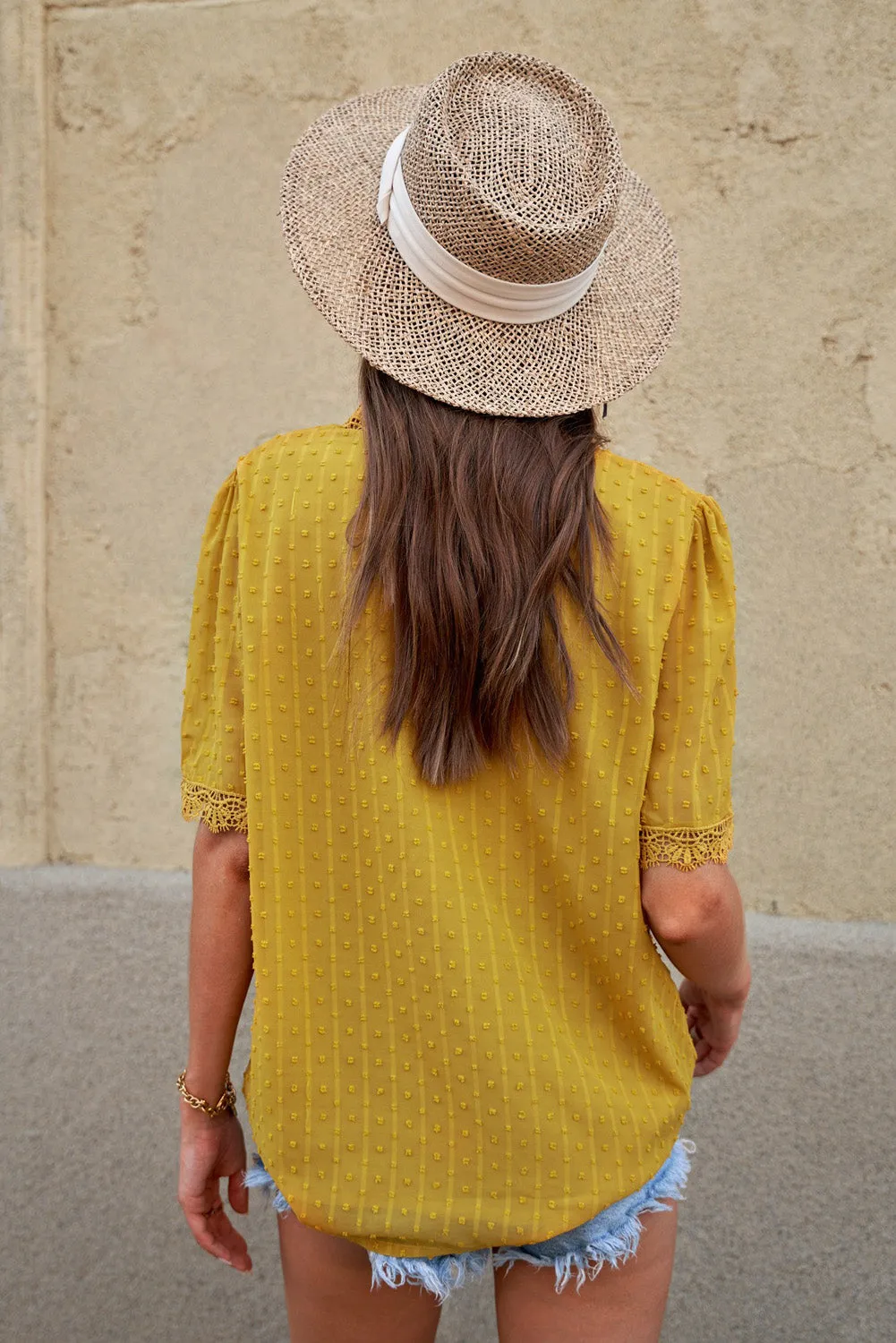 Chic Yellow Lace Splicing V-Neck Swiss Dot Short Sleeve Blouse