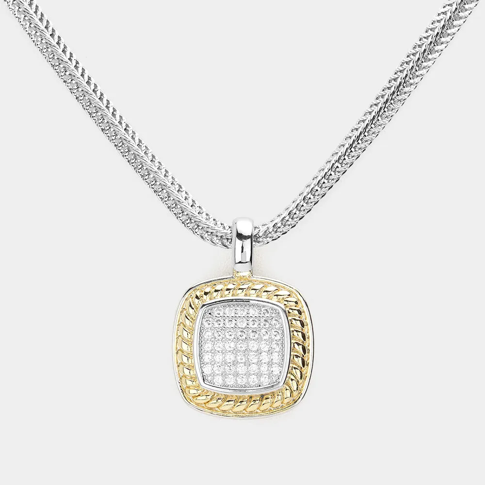 CZ Embellished Square Pendant Necklace- M H W ACCESSORIES