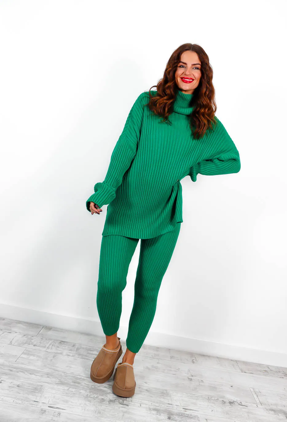 Double The Trouble - Green Ribbed Roll Neck Knitted Co-Ord