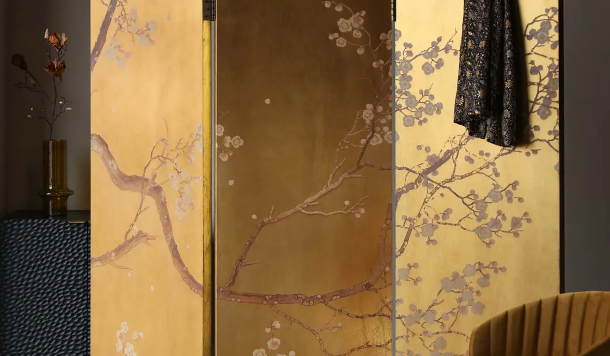 Exquisite Gold & Pink Blossom Folding Room Divider