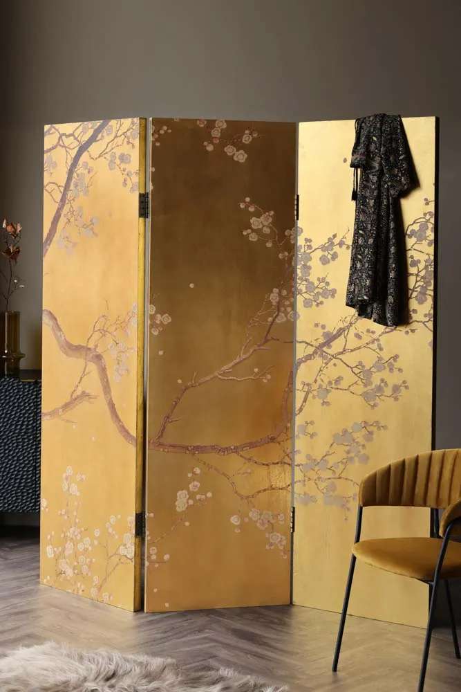 Exquisite Gold & Pink Blossom Folding Room Divider