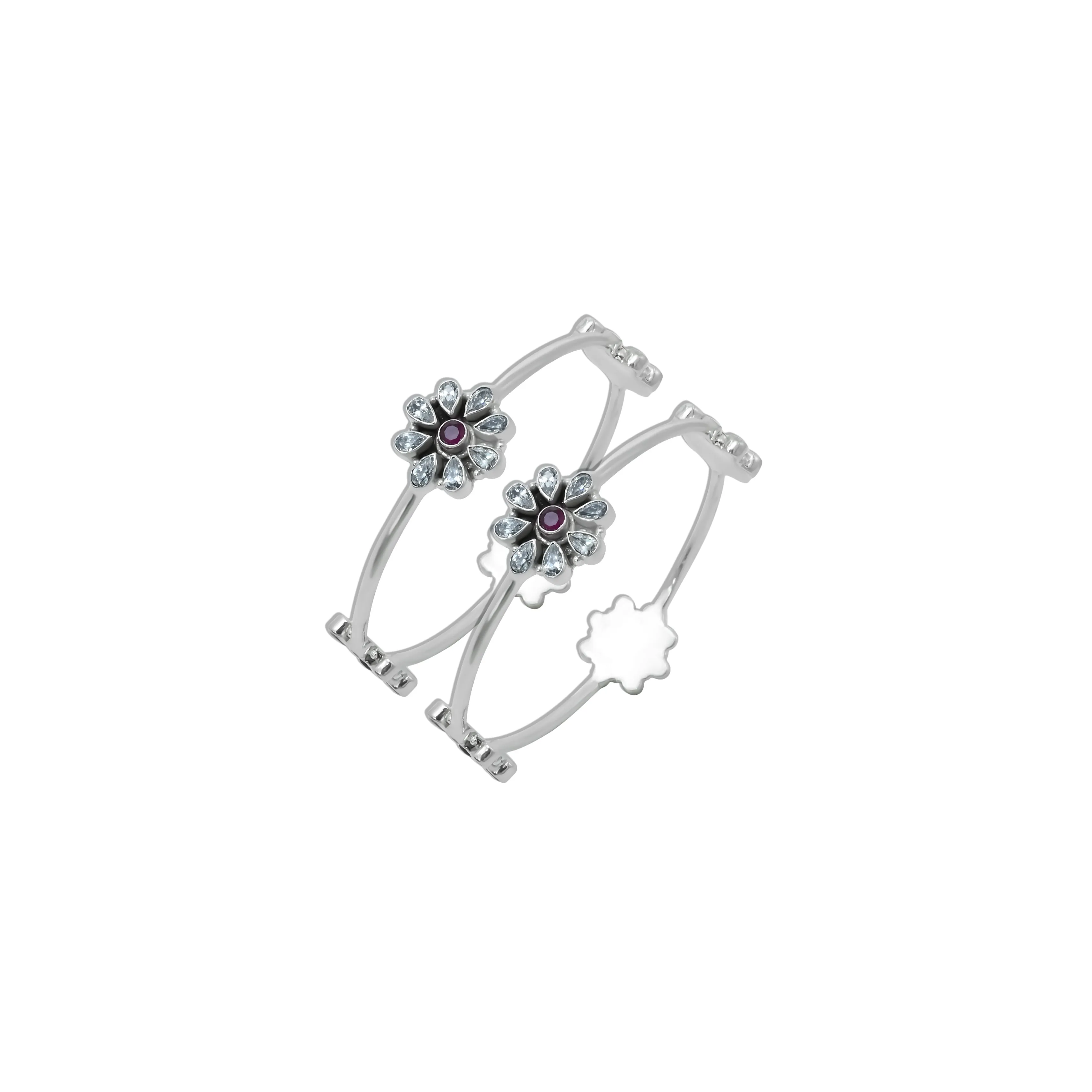 Exquisite Silver Kada Featuring Flower Design with Embedded Gemstones