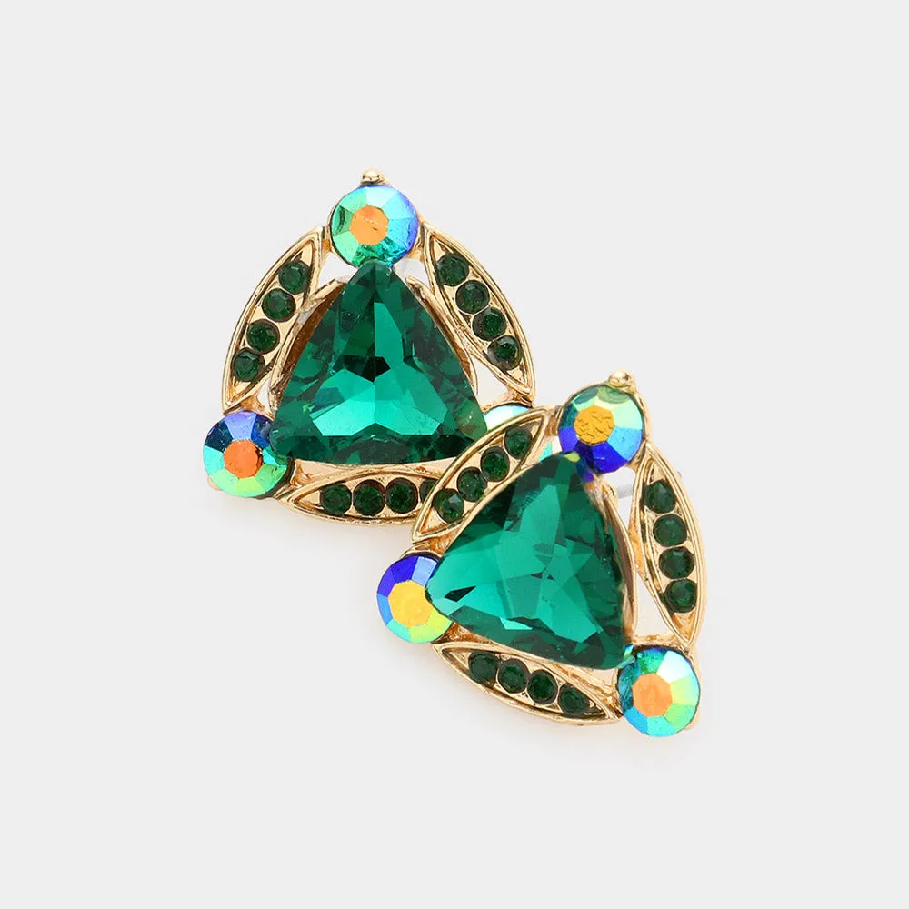 Green Rhinestone Trim Stud Earrings-M H W ACCESSORIES