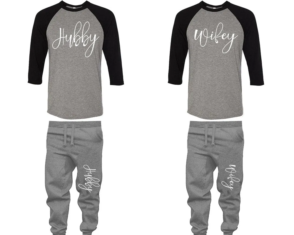 Hubby Wifey Couple Matching Baseball Shirts and Jogger Pants Top & Bottom Sets