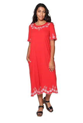 La Cera 100% Cotton Knit Embroidered A-Line Dress