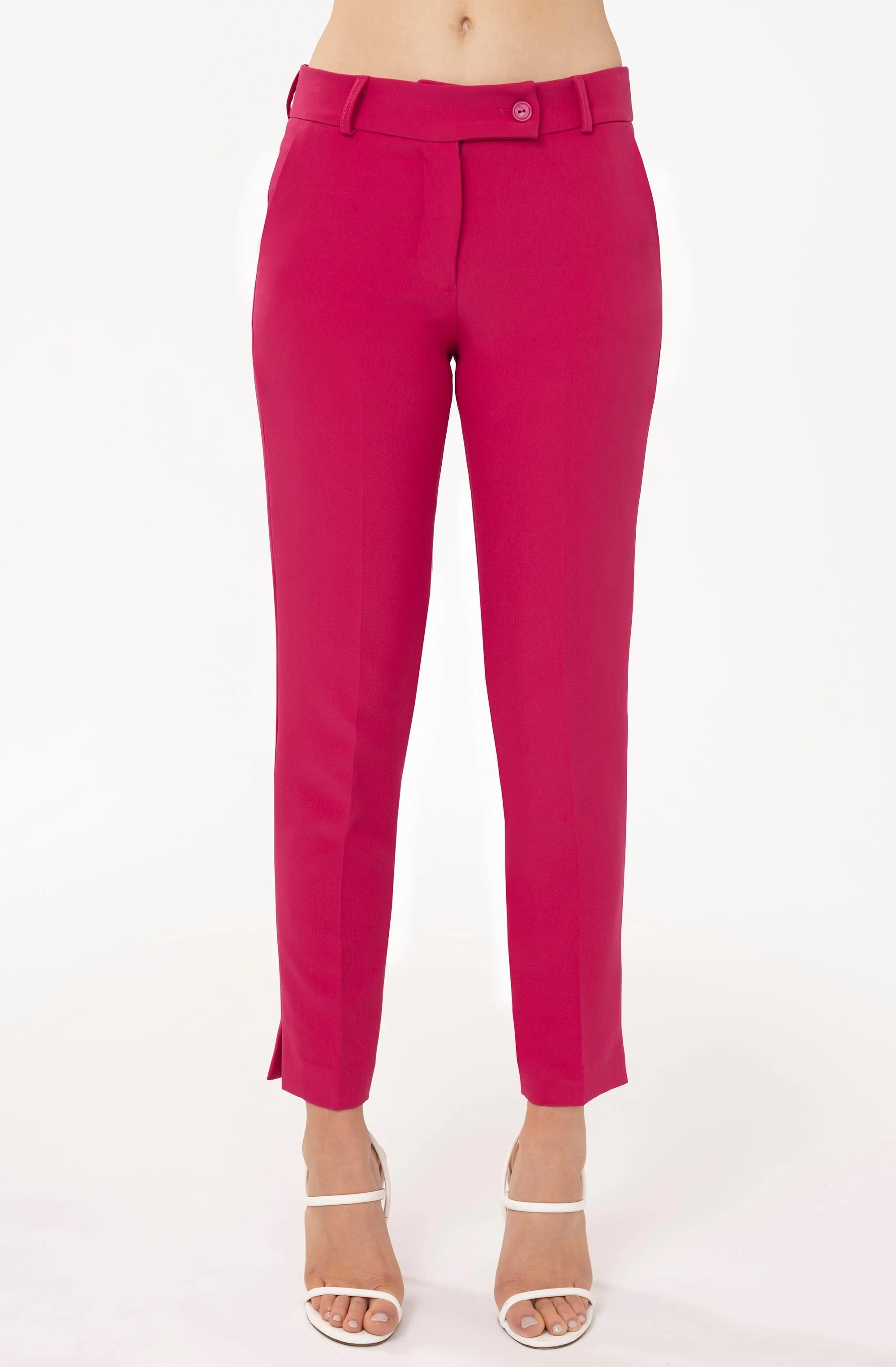 Mid Rise Straight Leg Pants With Side Slit