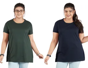 Plus Size Plain Cotton T-Shirts For Women Pack of 2 (Navy Blue & Bottle Green)