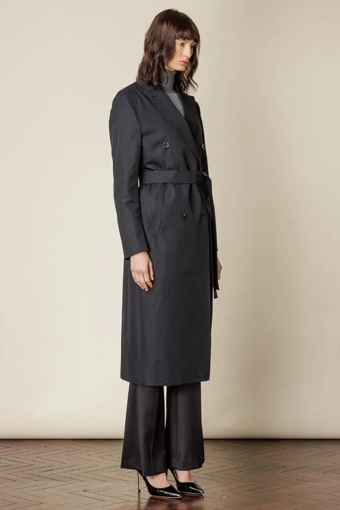 (RTW) Long Double Breasted Trench Coat with Belt - Black Cotton Gabardine