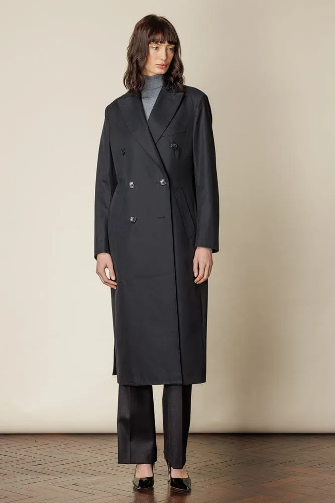 (RTW) Long Double Breasted Trench Coat with Belt - Black Cotton Gabardine