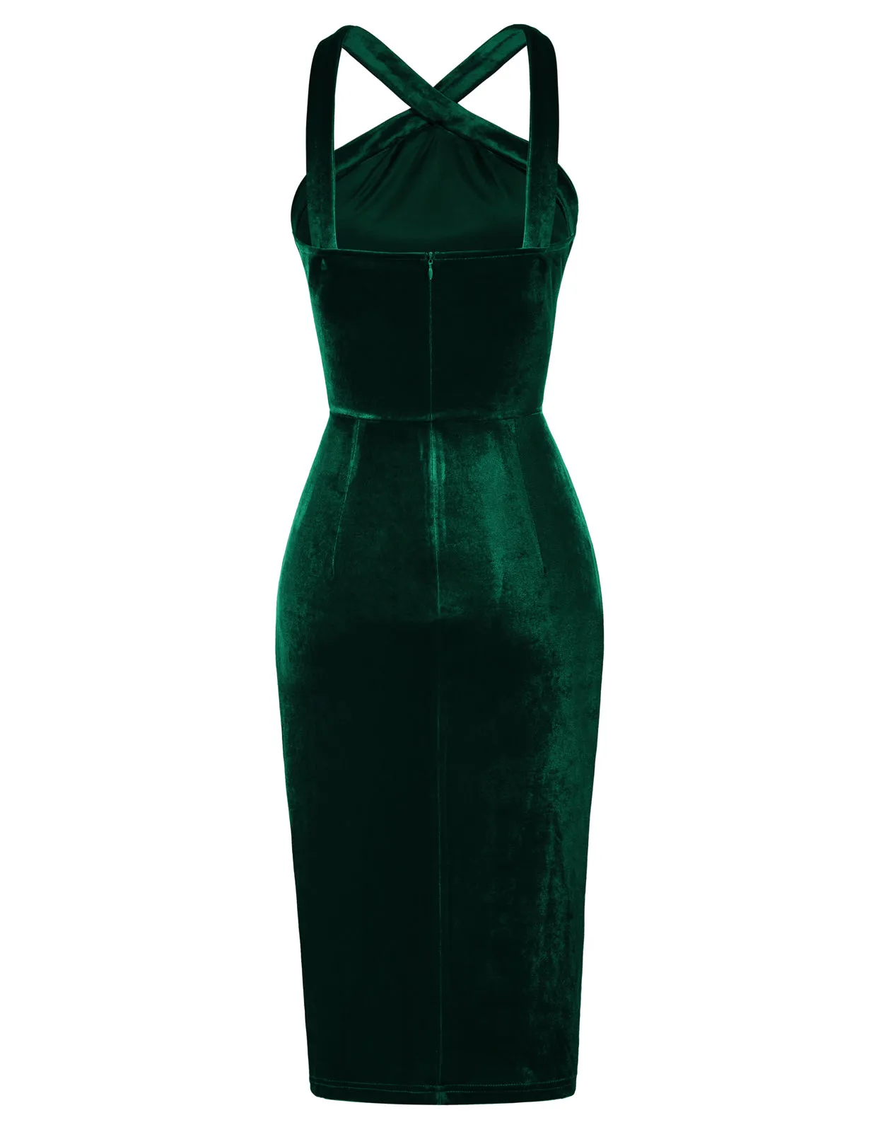 Vintage Front Slit Velvet Dress Halterneck Ruched Bodycon Dress