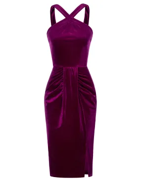 Vintage Front Slit Velvet Dress Halterneck Ruched Bodycon Dress