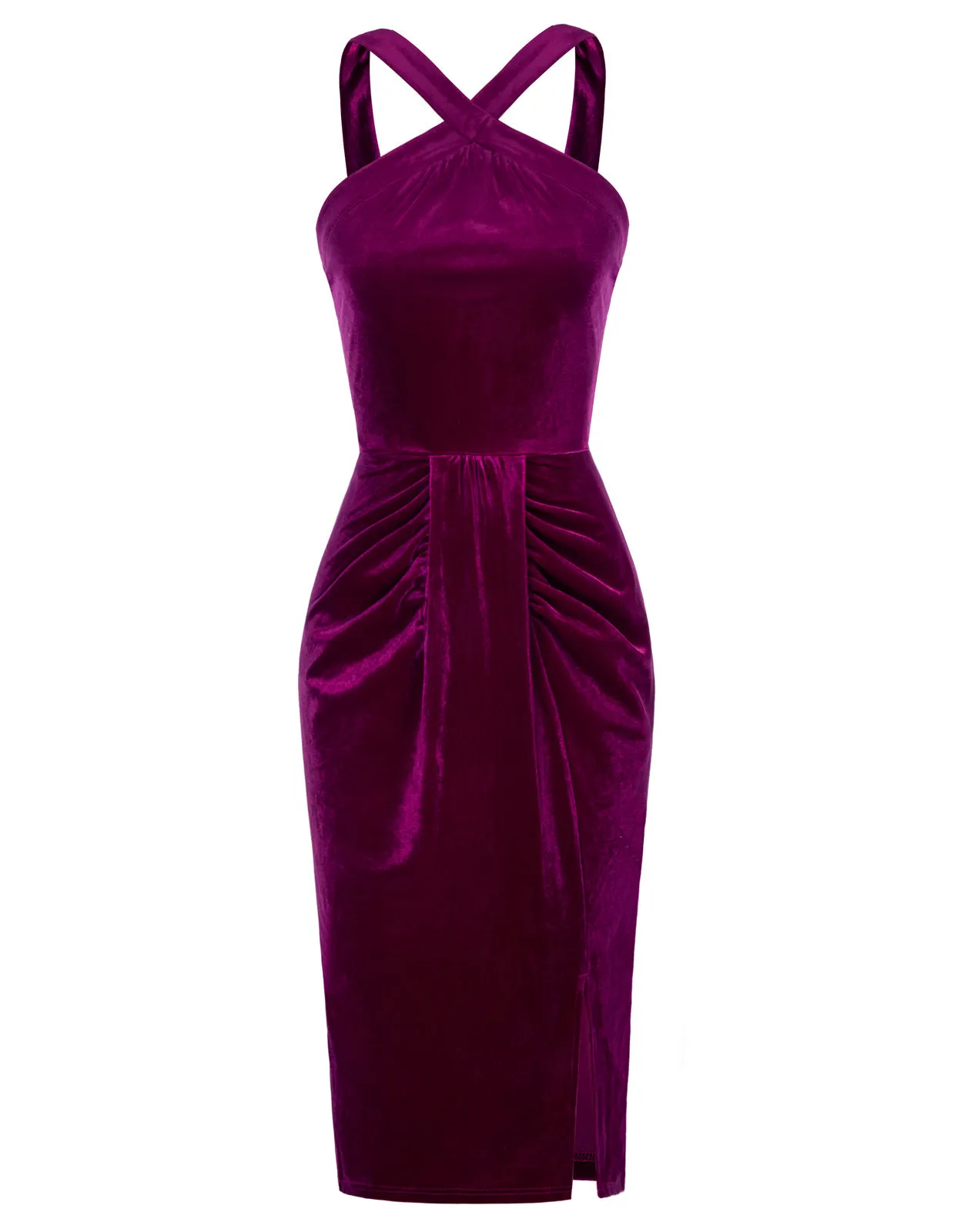 Vintage Front Slit Velvet Dress Halterneck Ruched Bodycon Dress