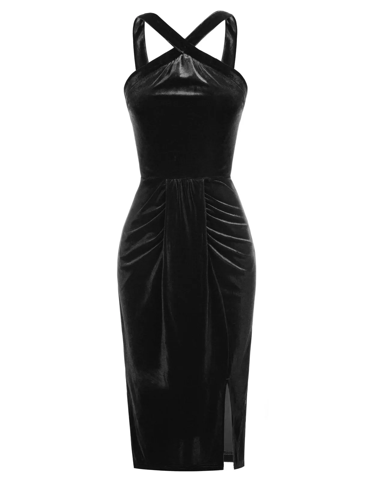 Vintage Front Slit Velvet Dress Halterneck Ruched Bodycon Dress