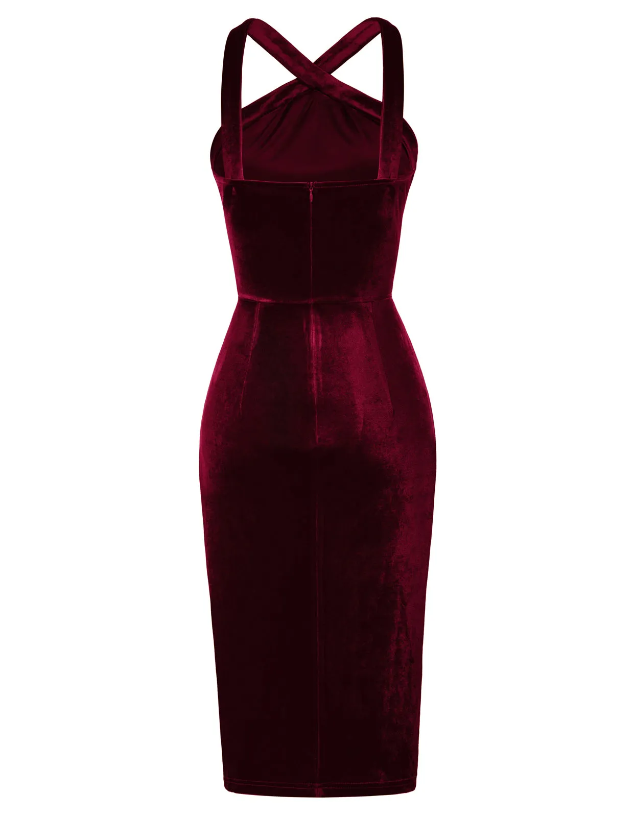 Vintage Front Slit Velvet Dress Halterneck Ruched Bodycon Dress