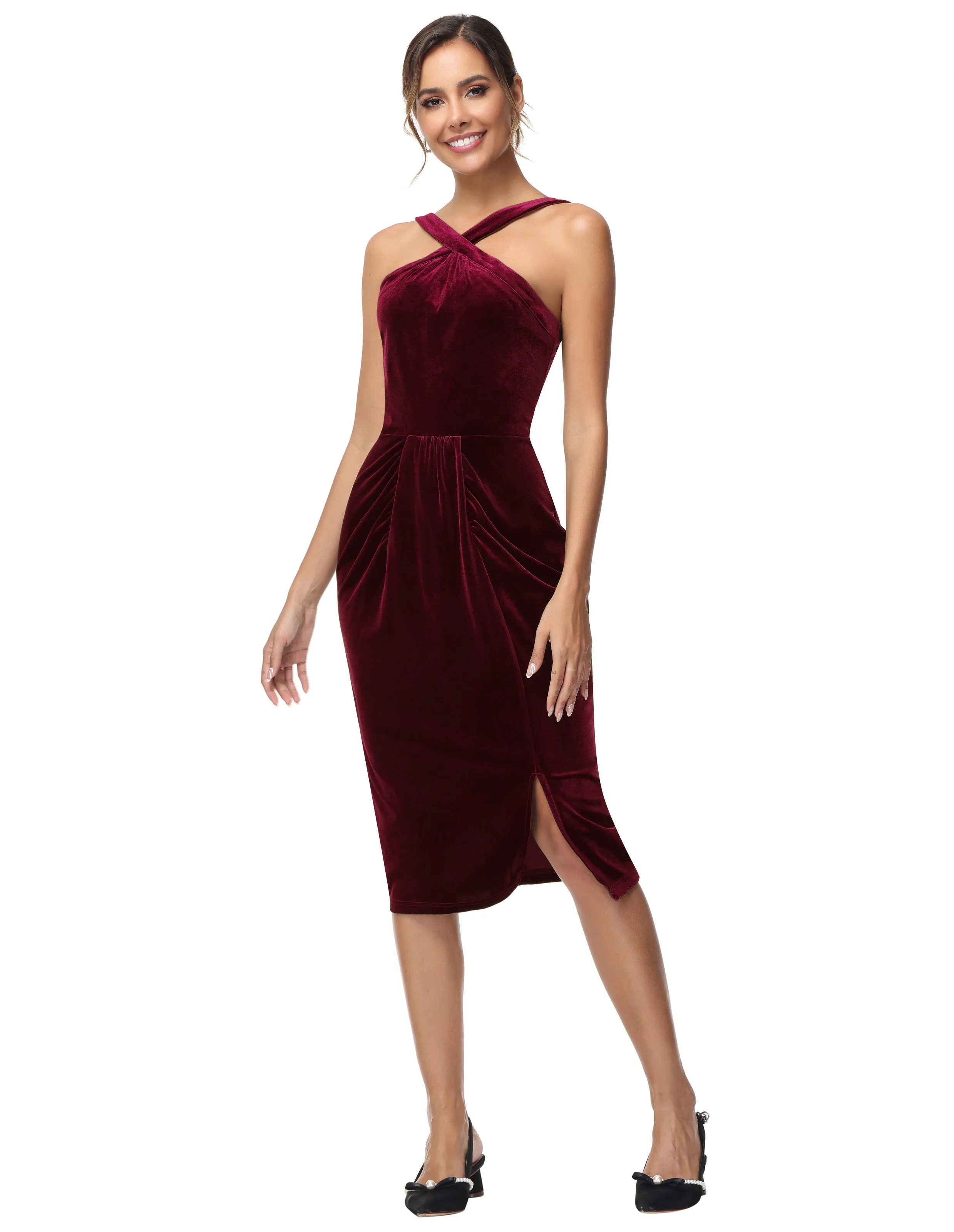 Vintage Front Slit Velvet Dress Halterneck Ruched Bodycon Dress