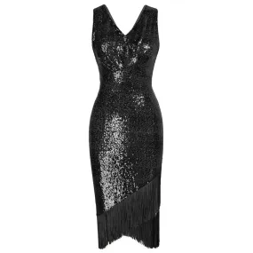 Vintage Sequined Sleeveless V-Neck Tassel Decorated Wrap Hem Party Dress