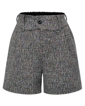 Vintage Tweed Shorts Elastic Waist Mid-Thigh Length Shorts