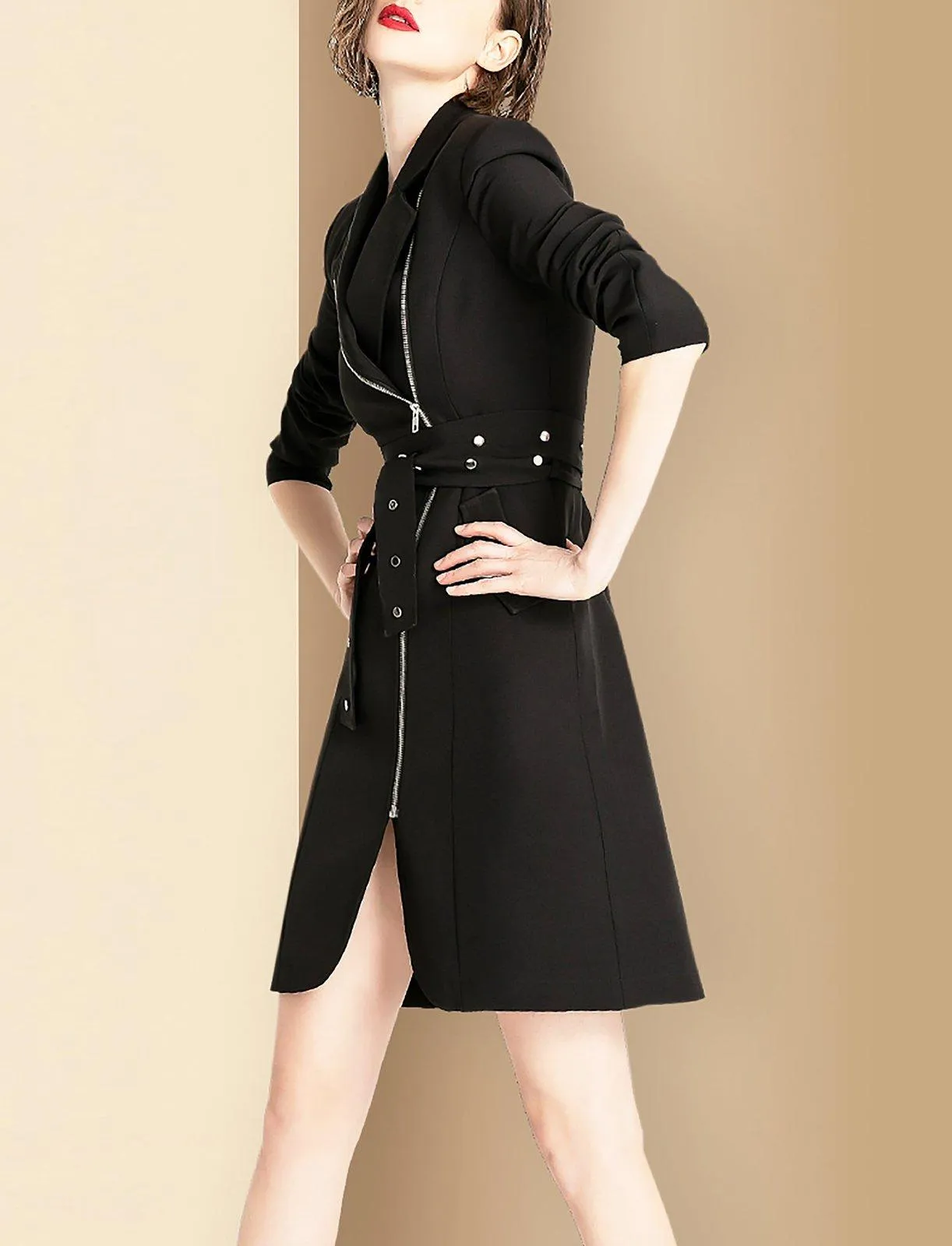 Women Black Irregular Belted Long Blazer Trench Dress